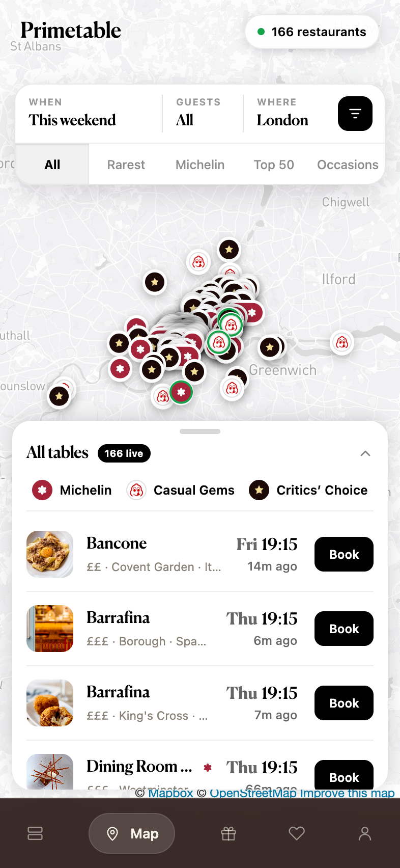Map view: every live table across London, each pinned by its accolade